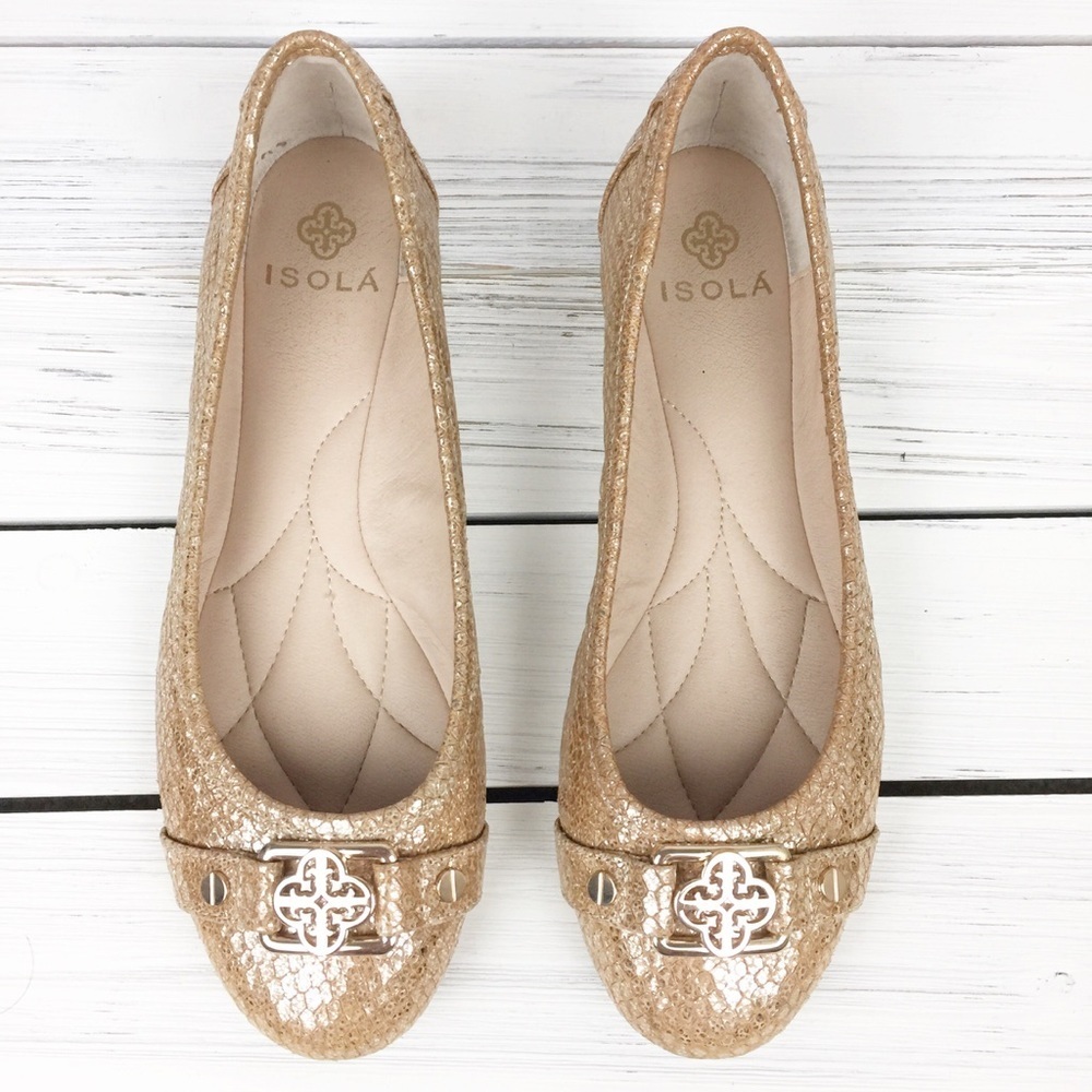 ISOLA Gold Metallic Snakeskin Leather Flats 6 - Picture 2 of 8